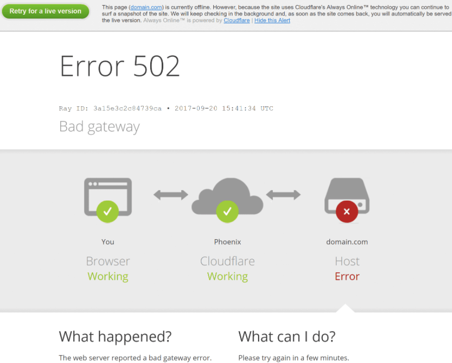 imagem mostra que o erro 502 bad gateway está no provedor de hospedagem de sites