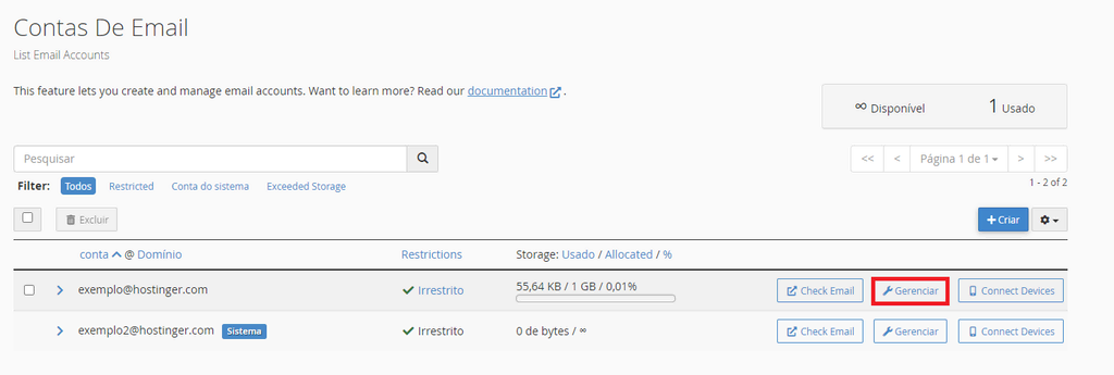 gerenciando emails no cpanel