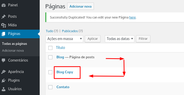 opção de copiar ou duplicar página ou post no wordpress
