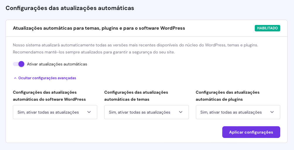 ligando as atualizações automáticas do wordpress no hpanel