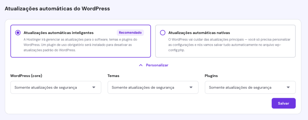 recurso de atualizações automáticas inteligentes do wordpress no hpanel