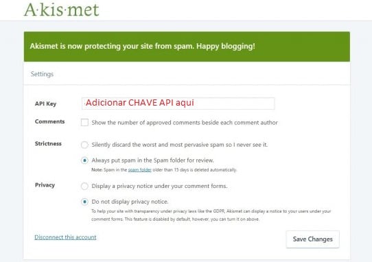 adicionar chave API do plugin Akismet para configurar bloqueador de spam