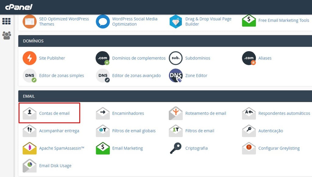 opção contas de email no cpanel para saber como criar uma conta de email 