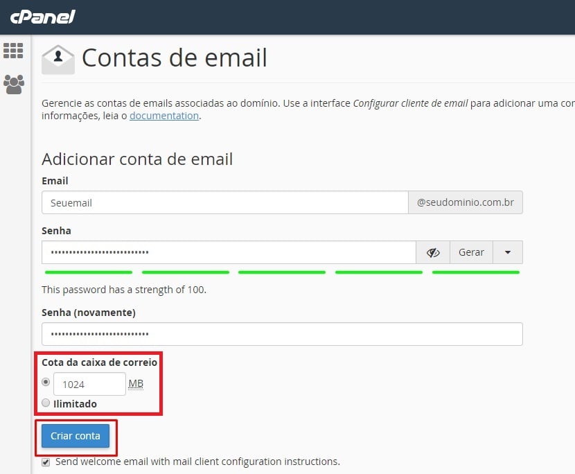 configurando email na opção contas de email no cpanel