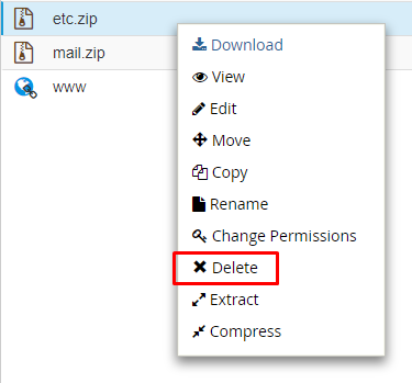 opção delete para remover os arquivos que sobraram no gerenciador de arquivos do cpanel
