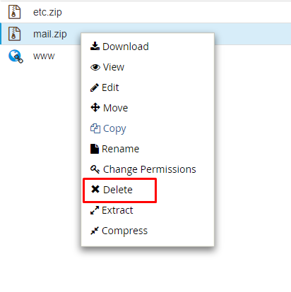 opção delete para remover os arquivos que sobraram do diretório mail do gerenciador de arquivos do cpanel