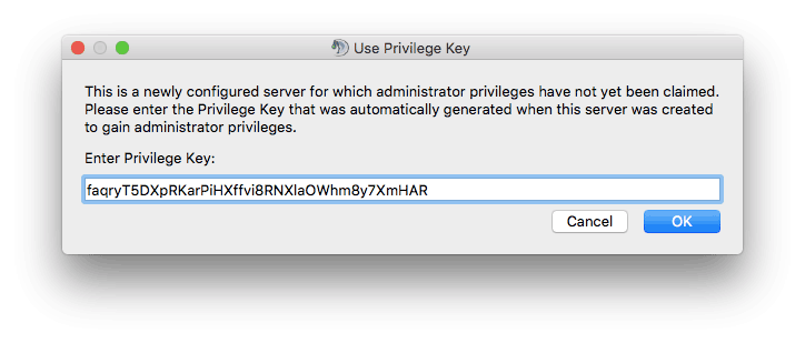 colocando a chave privilegiada para se conectar no TS3 no mac