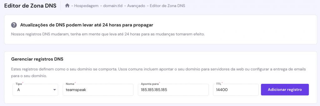 Gerenciador de zona DNS da Hostinger. O registro A para o teamspeak está sendo adicionado