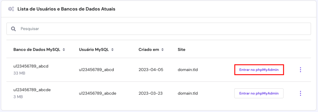 A página de gerenciamento de bancos de dados. O botão Enter phpMyAdmin é destacado