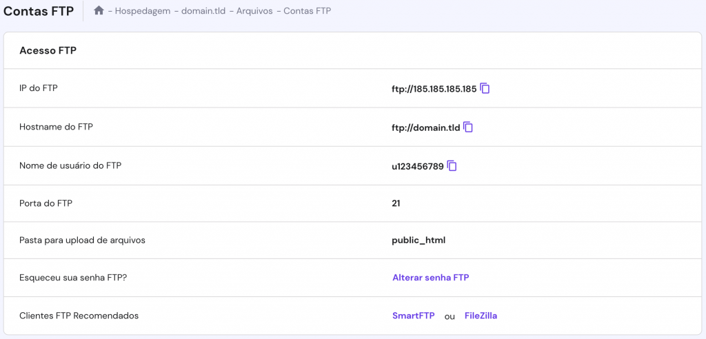 A página de contas de FTP no hPanel