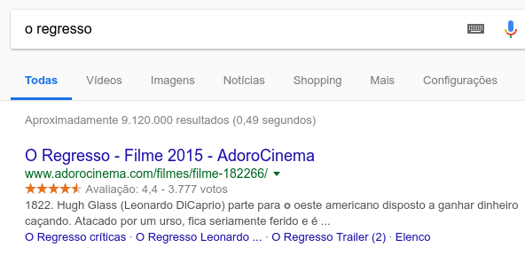 exemplo de schema markup com resultado de busca no filme o regresso