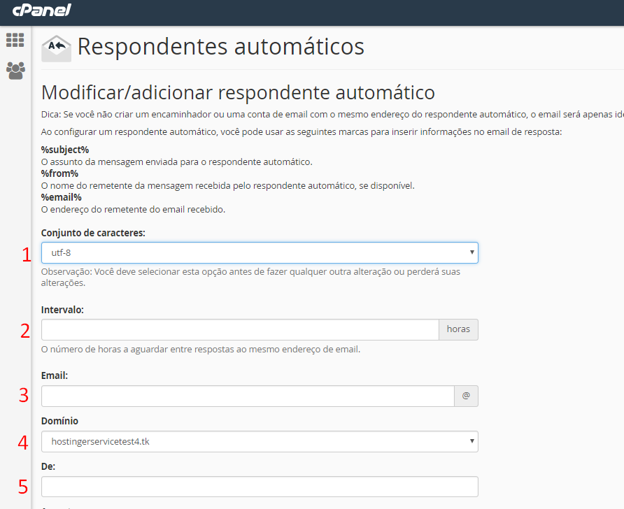 opções de preenchimento no cpanel para criar resposta automática de recebimento de email