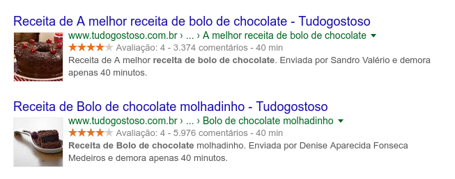 resultado de bolo de chocolate com exemplo de schema markup