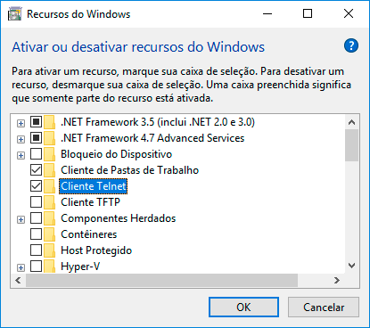 janela de recursos do Windows com o cliente telnet para verificar porta 21 FTP bloqueada