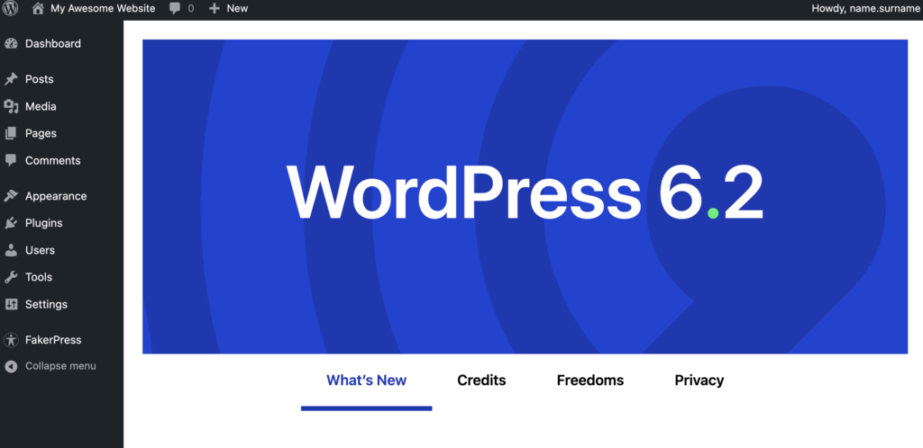 tela de boas-vindas do wordpress 6.2