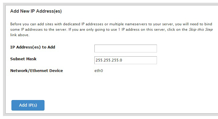 tela de adicionar novo endereço de IP para configurar a rede WHM