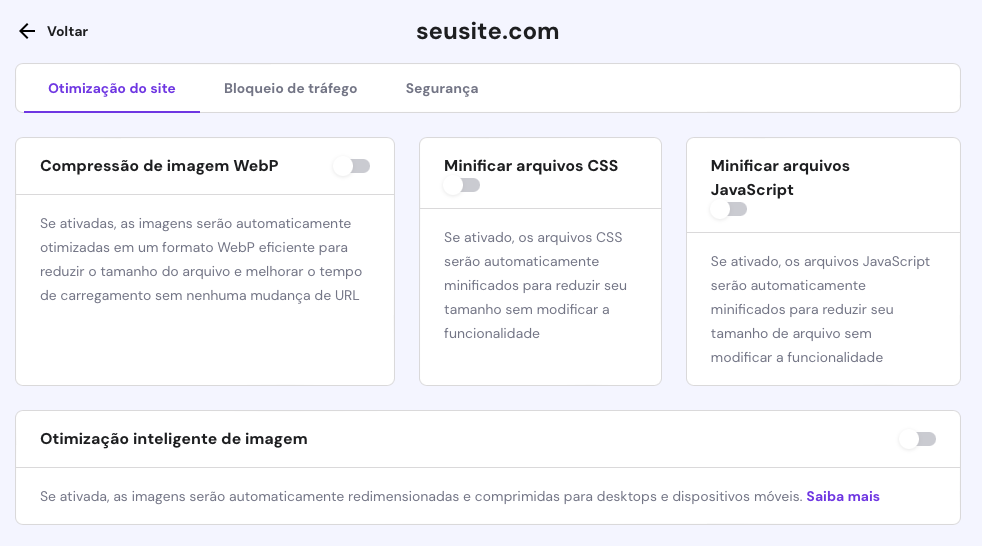 opções de otimização do site dentro da cdn da hostinger no hpanel