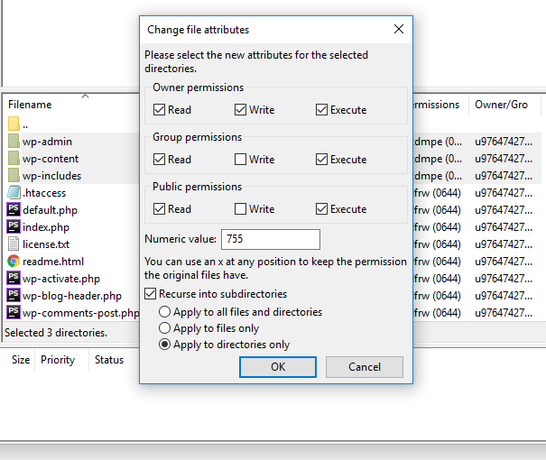 janela change file attributes para mudar as permissões de acesso aos arquivos