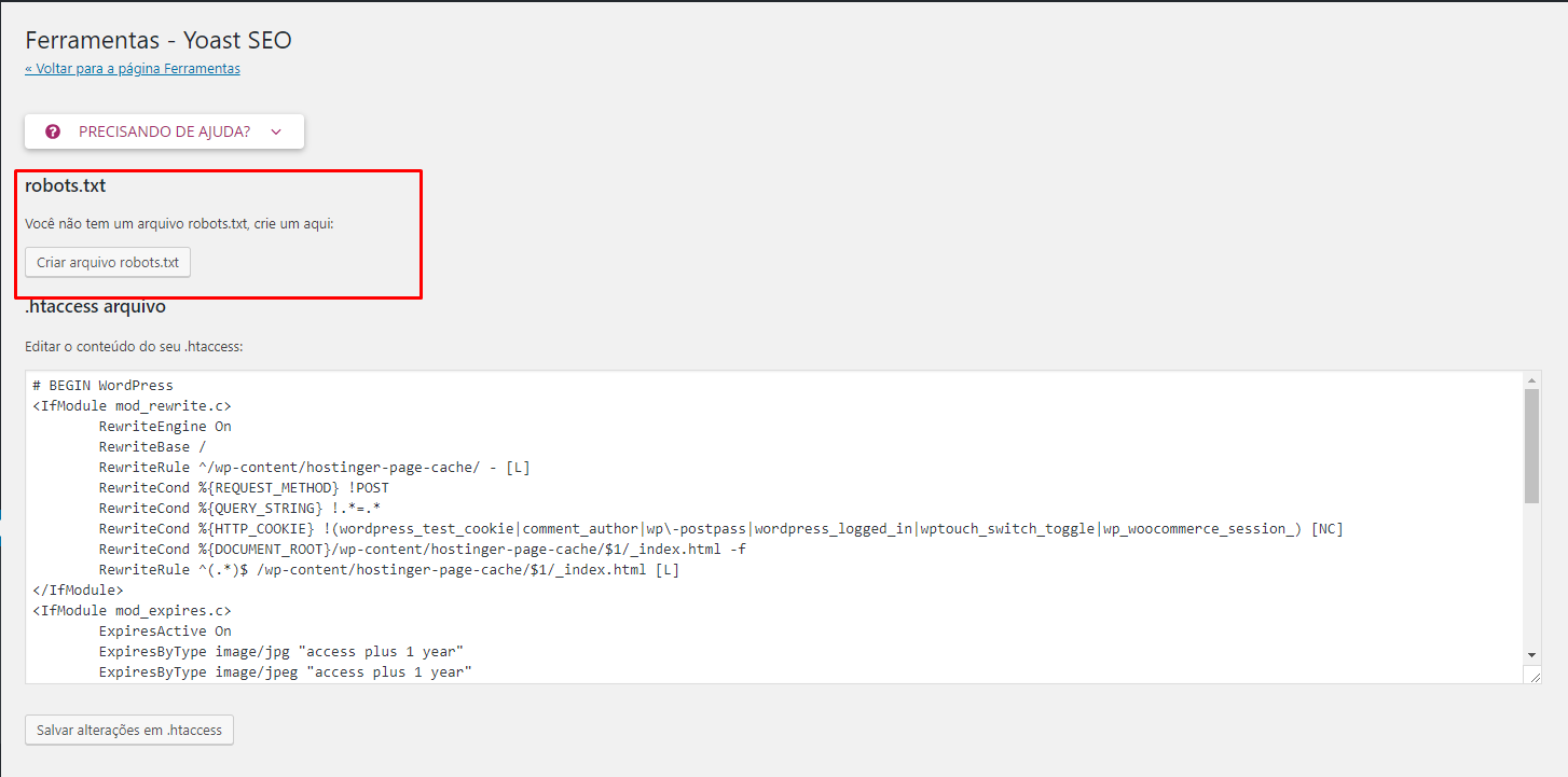 botão de criar robots.txt no plugin yoast seo