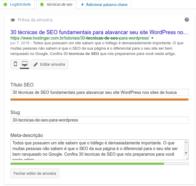 editor da otimização de SEO WordPress para uma postagem