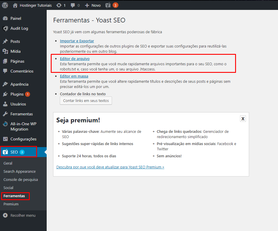 opção de editor de arquivo robots.txt no yoast seo