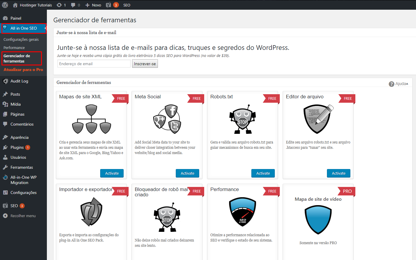 gerenciador de ferramentas no plugin all in one seo pack