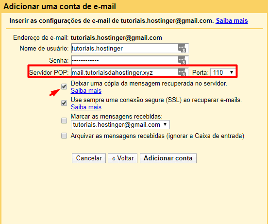 detalhes de servidor pop na configuração do gmail