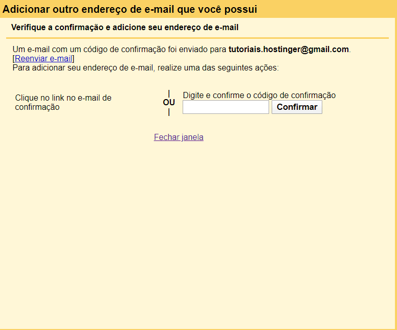 tela para inserção do código de confirmação no gmail
