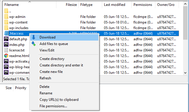 mudar as permissões dos arquivos pelo FileZilla para public_html