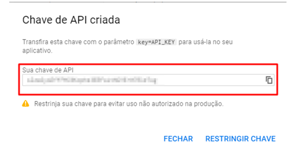 chave APi criada para inserir no wp google maps