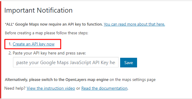 tela de chave API no wp google maps