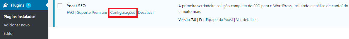 Abrir seção Configurações do Plugin Yoast