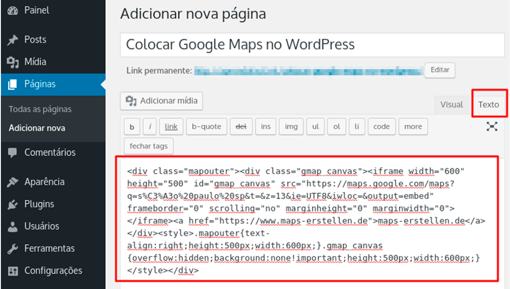 inserindo código html do google maps numa nova página no wordpress