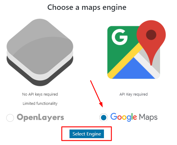 escolher google maps na tela de seleção de engine no wp google maps