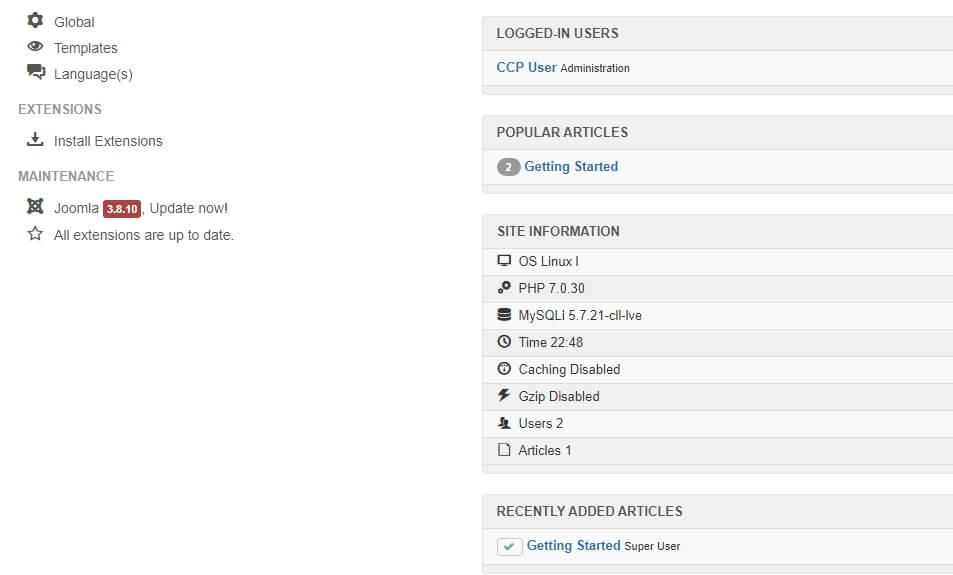 painel de controle do joomla