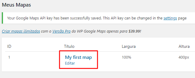 tela de criação de mapas no wp google maps