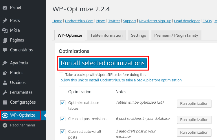 otimização de banco de dados wordpress pelo plugin wp optimize