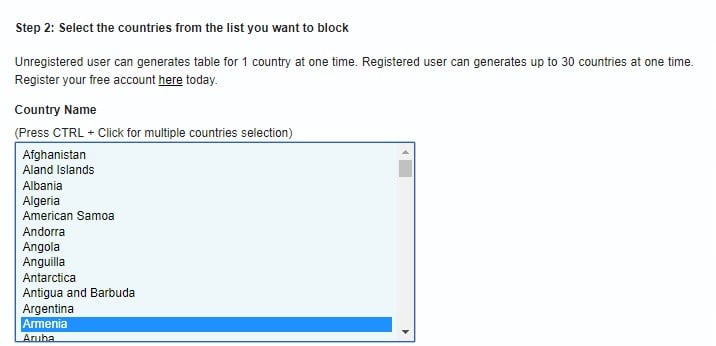 Selecionar países para bloquear ip