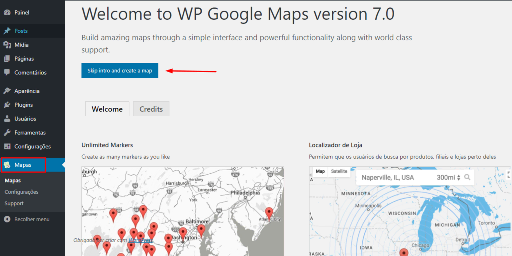 tela inicial do plugin wp google maps