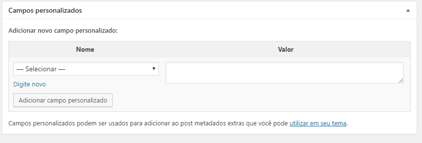 ativando a opção de campos personalizados no WordPress