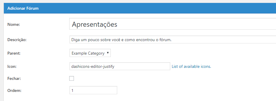 configurar apresentacao de fórum