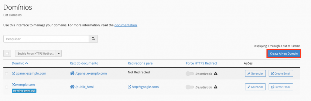 criando novo domínio no cpanel
