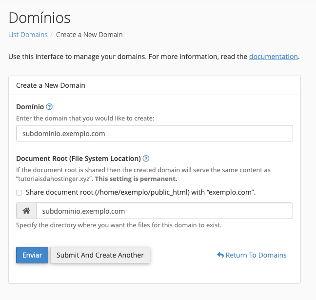 criando novo subdomínio no cpanel