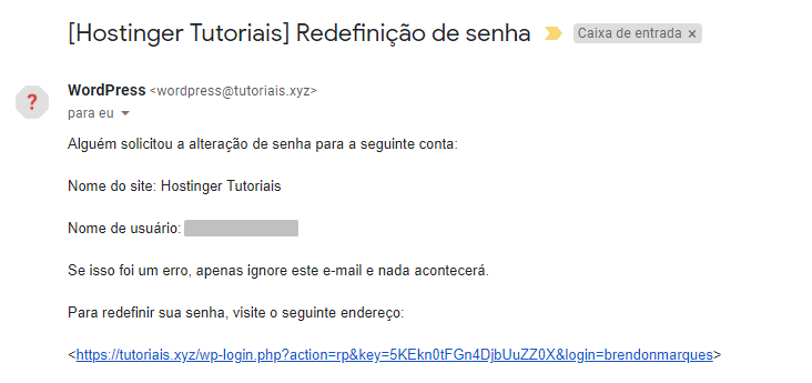 email de redefinição de senha