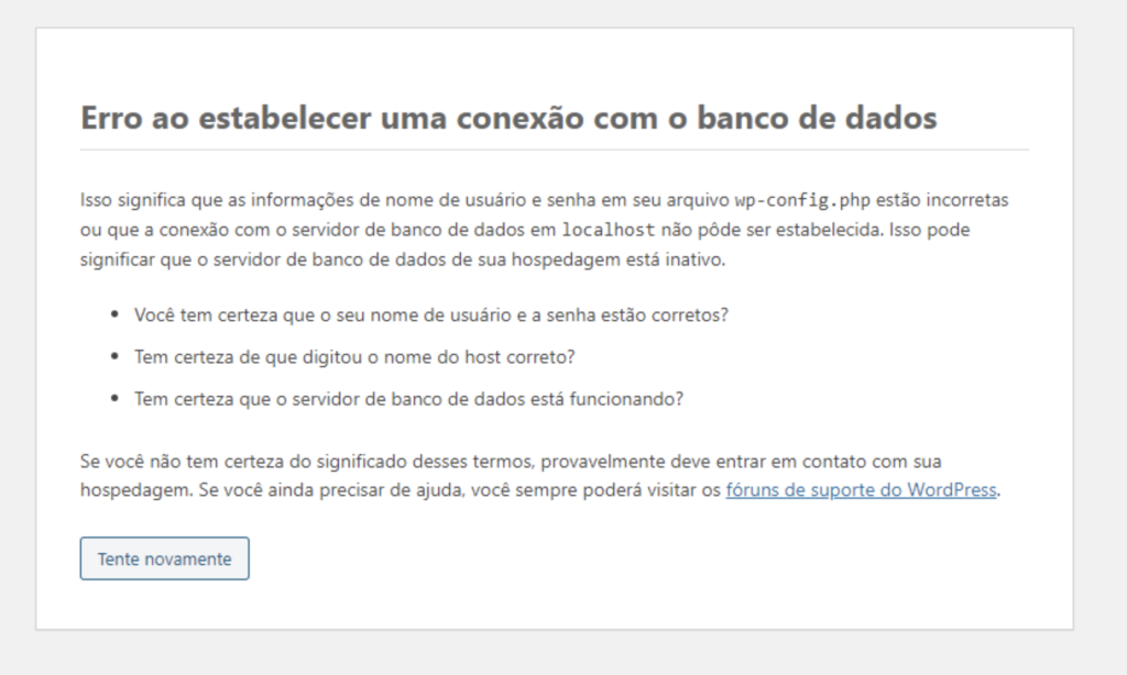 mensagem de erro ao estabelecer conexão com o banco de dados no wordpress com sugestões de causas do problema