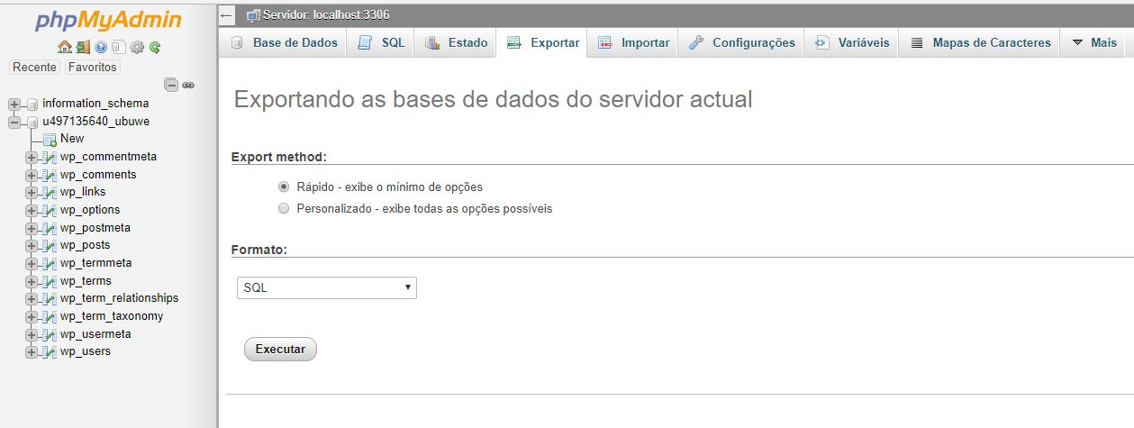 exportando base de dados do php my admin