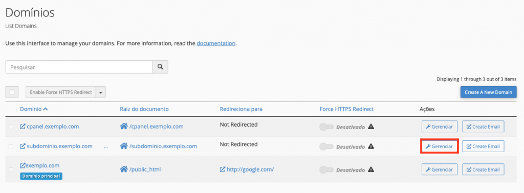 botão gerenciar domínios no cpanel