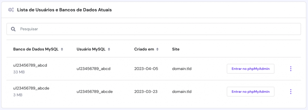 A lista de bancos de dados criados atualmente no hPanel