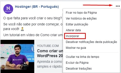 opção de incorporar no facebook