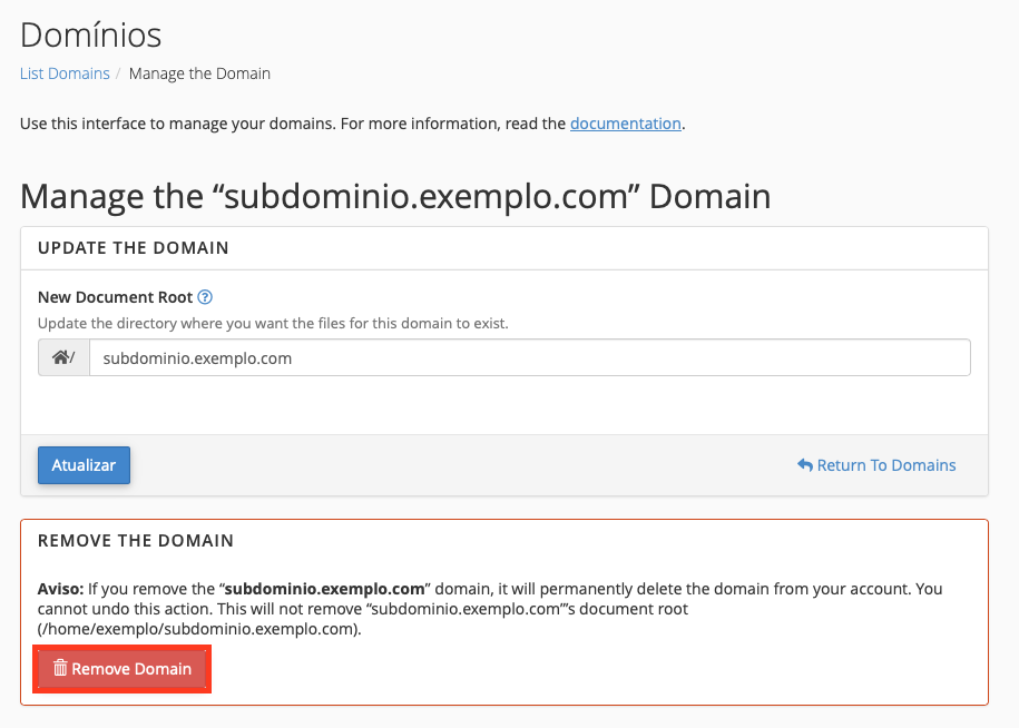 removendo domínio no cpanel